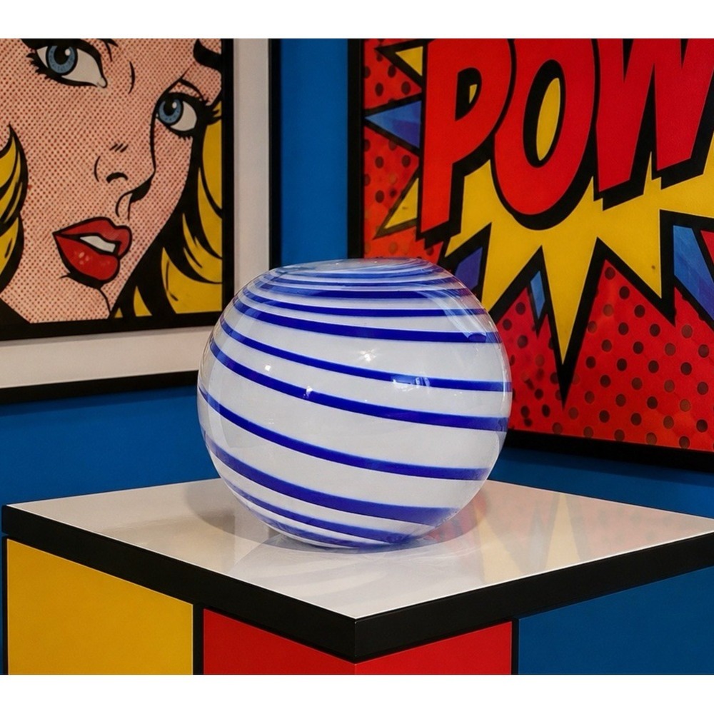 Handblown Glass Pop Art Blue and White Swirl Orb Vase Modern Heavyweight Vase